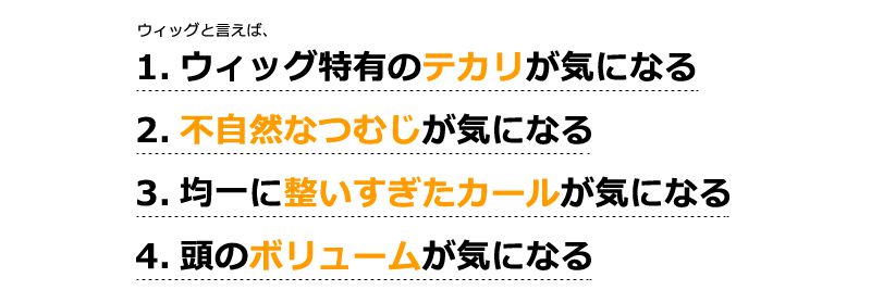 ウィッグ特有のテカリが気になる。不自然なつむじが気になる。均一に整いすぎたカールが気になる。頭のボリュームが気になる