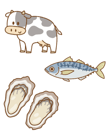 牛肉、牡蠣、青魚