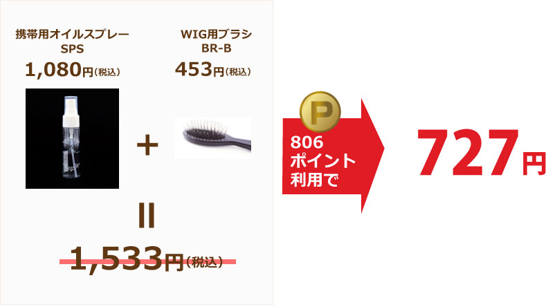 携帯用オイルスプレーとWIG用ブラシ1533円が806ポイント使用で727円